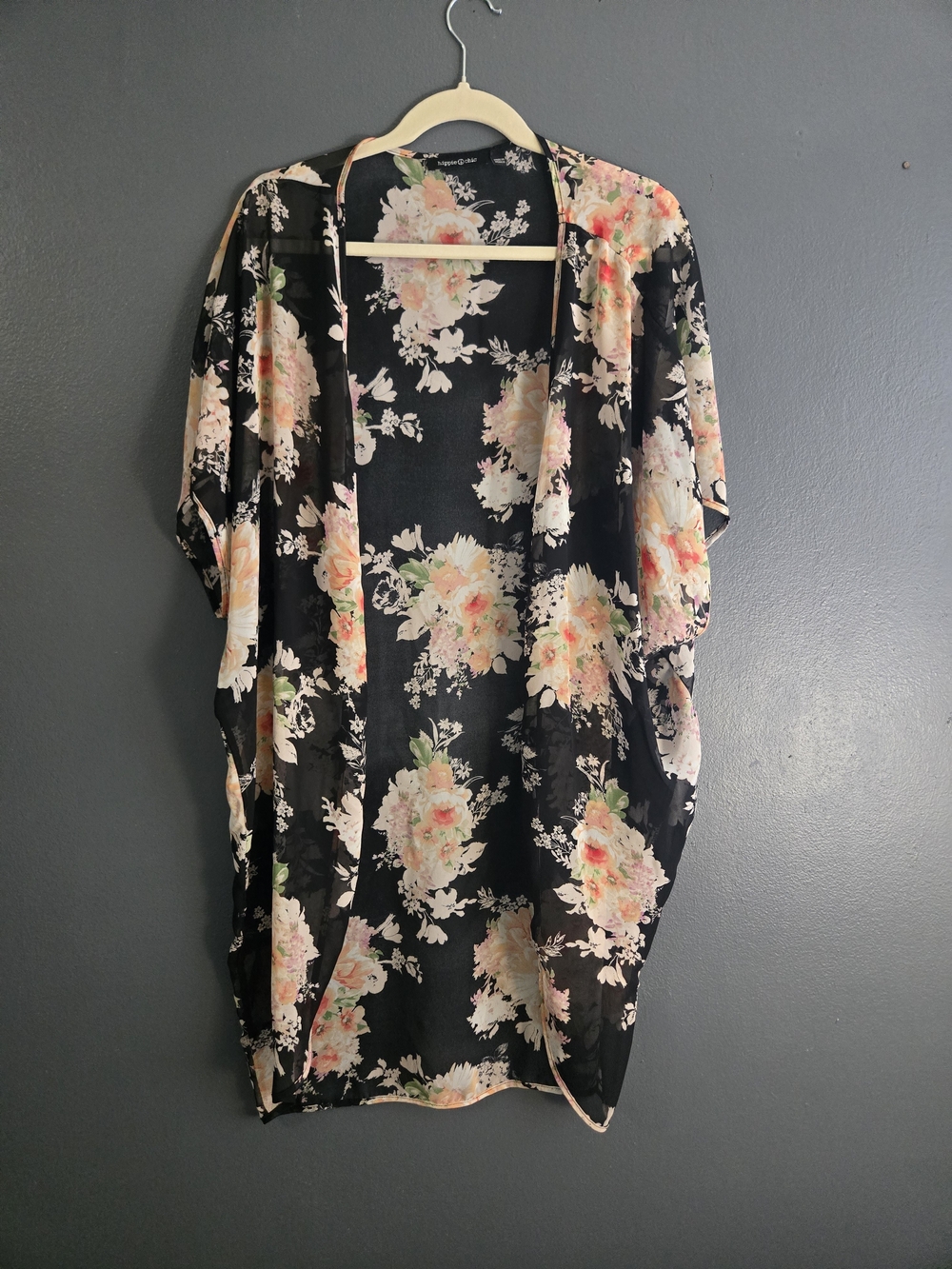 Hippie Chic Black Pastel Floral Sheer Open Kimono Large